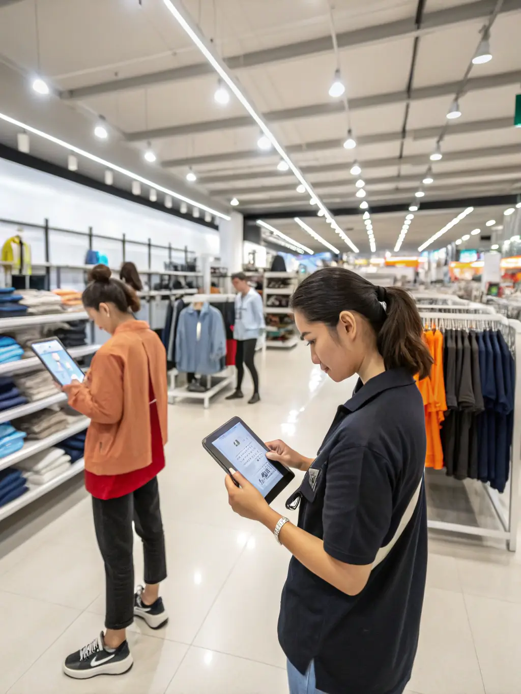 A close-up shot of a retail shelf with a small AI-powered robot scanning inventory levels, ensuring optimal stock management and reducing out-of-stock situations.