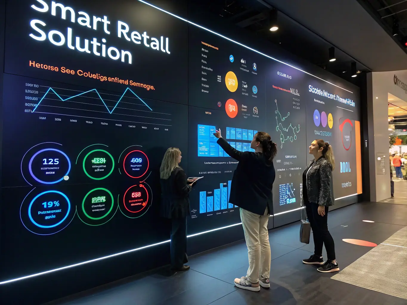 An image showcasing the Smart Retail Software interface with analytics and customer engagement features, displayed on a tablet in a modern retail setting.