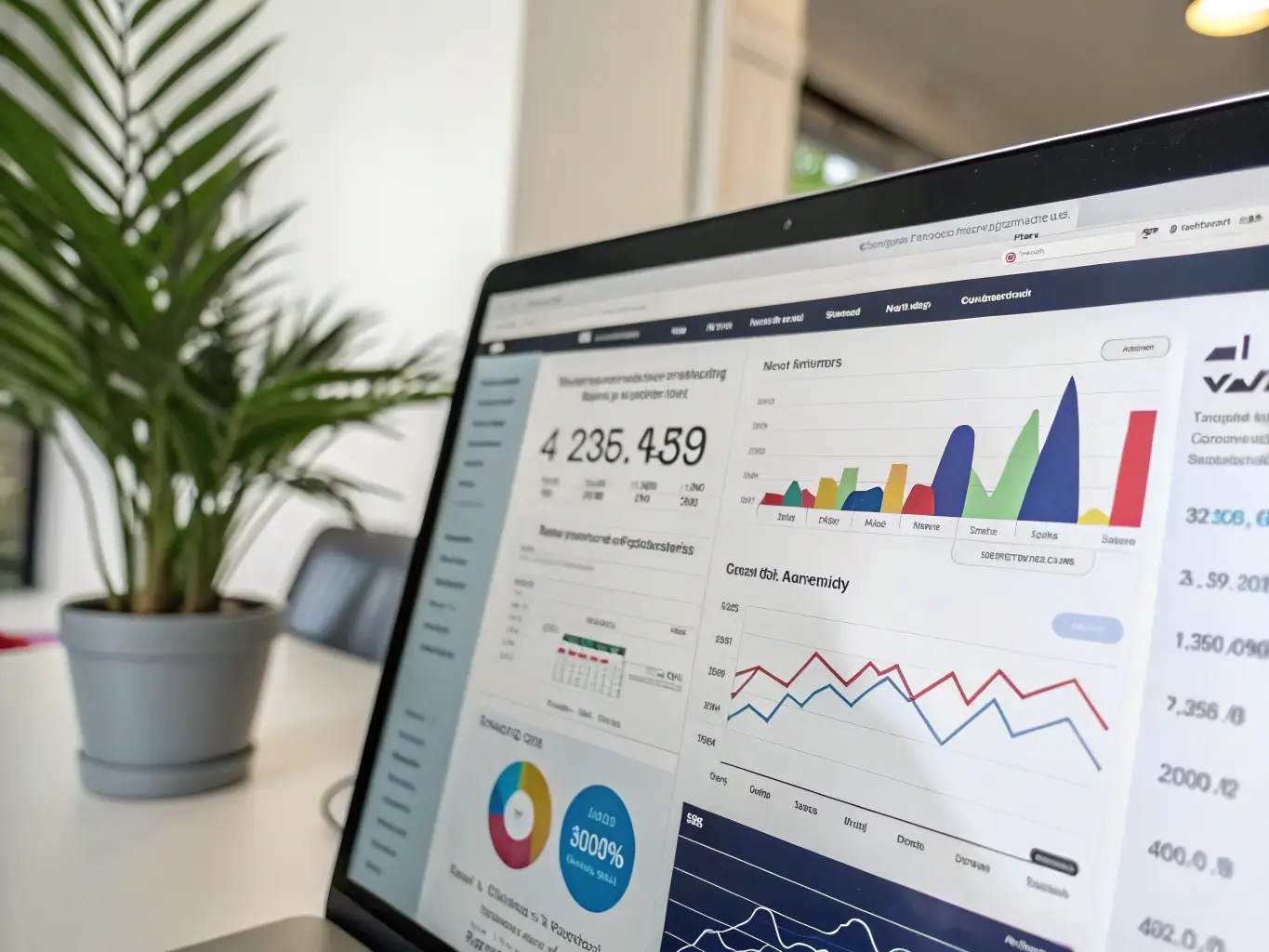 An image depicting the AI Analytics Tool dashboard with graphs and predictive analytics, displayed on a laptop screen in a brightly lit office.
