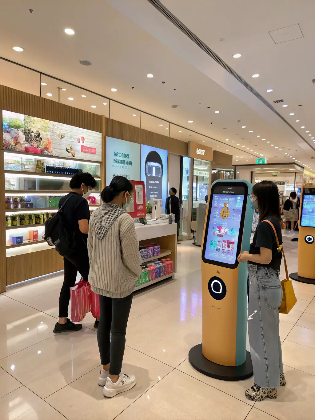 A futuristic image of a retail store with holographic displays and AI-powered customer service, representing the future of smart retail.