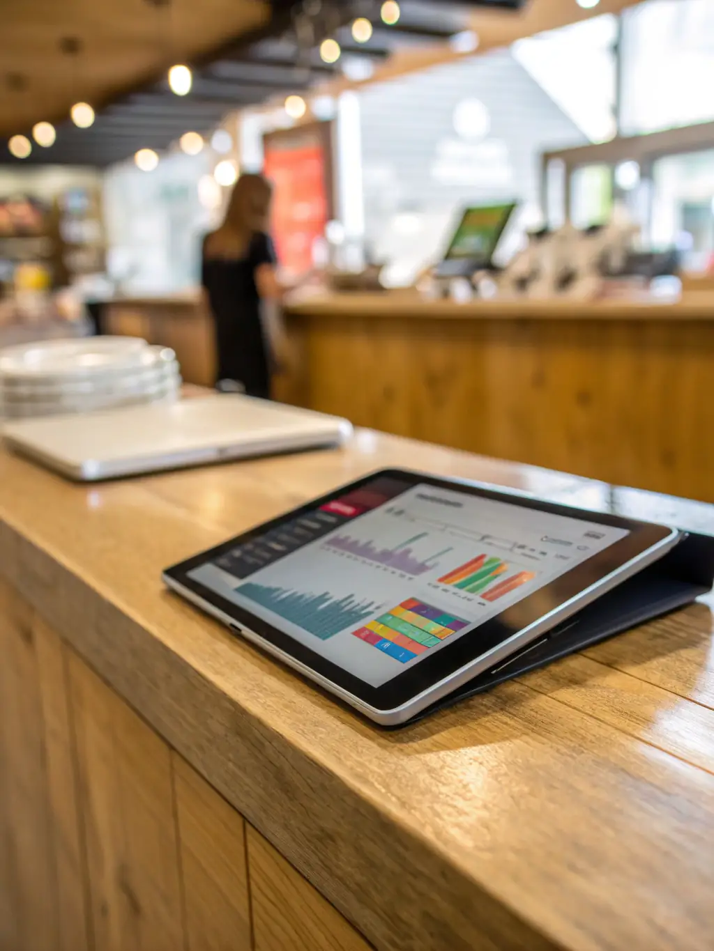 An image showcasing the Smart Retail Software interface with analytics and customer engagement features, displayed on a tablet in a modern retail setting.