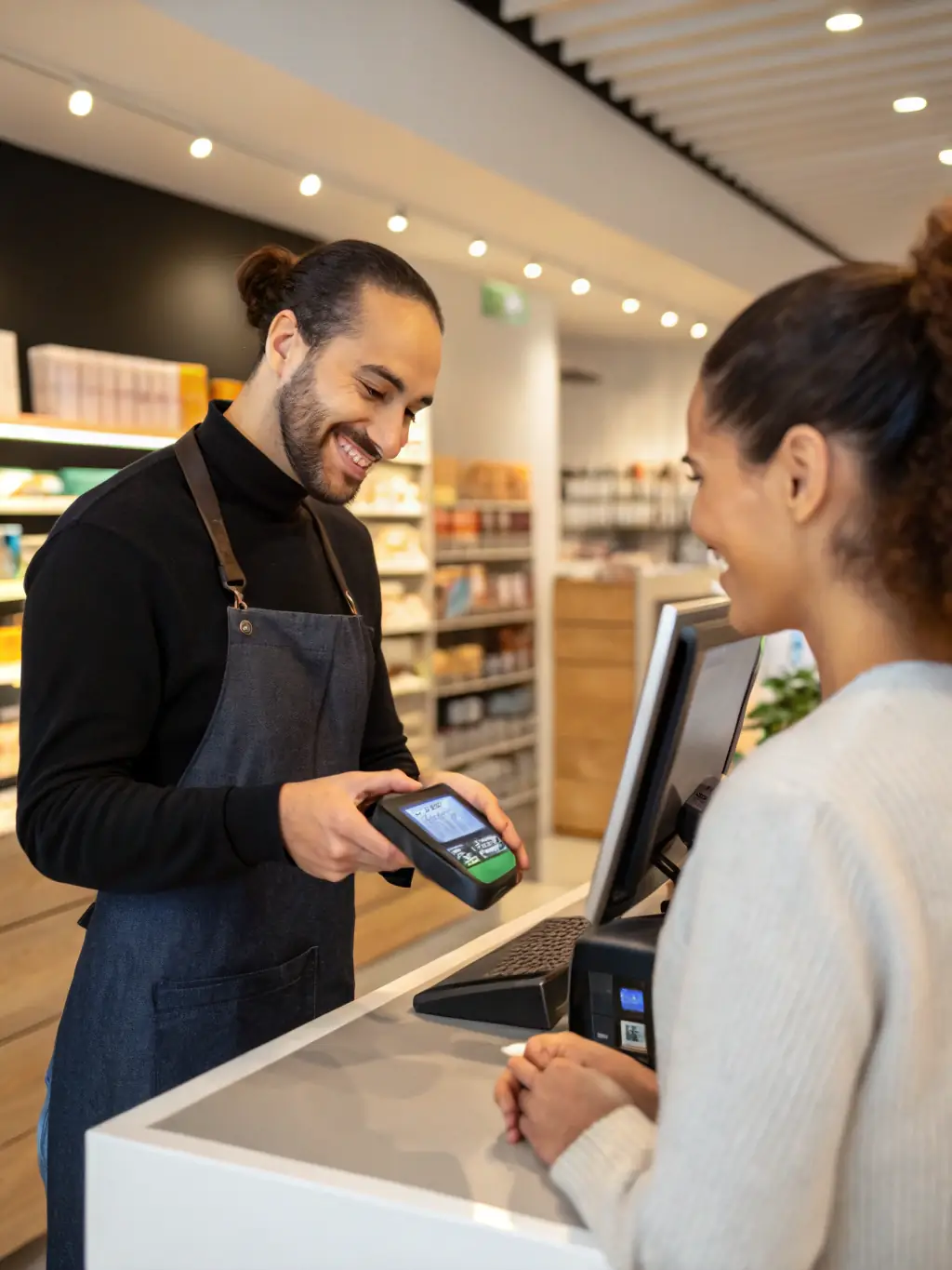 A mobile phone displaying Ecliptix's Mobile POS system in action, with a customer making a purchase and a store employee assisting.