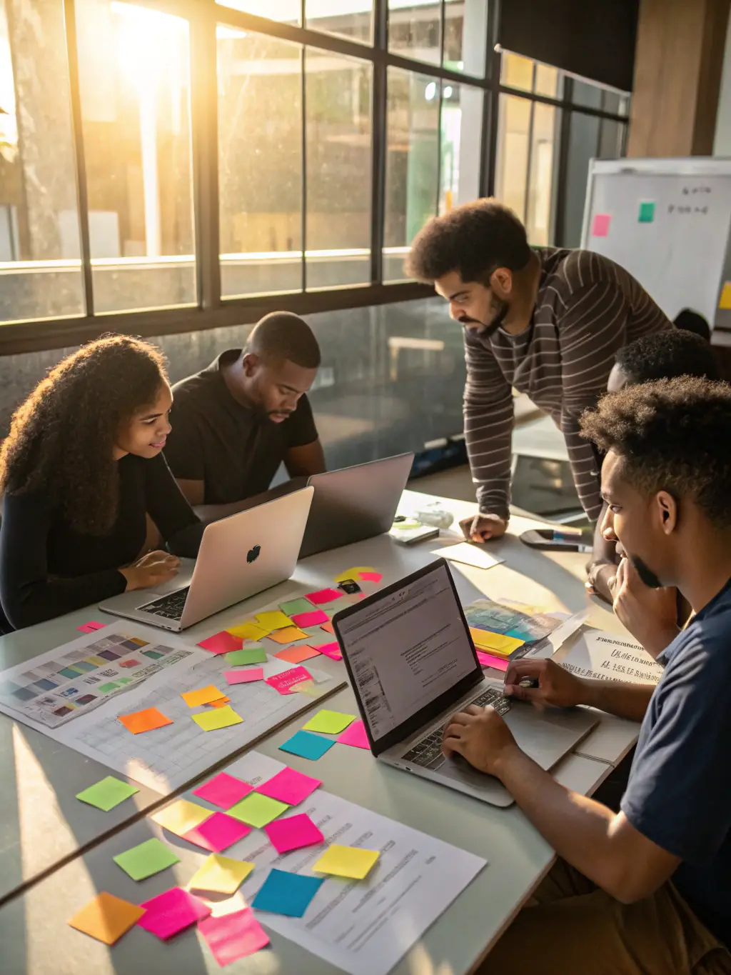 A photo of a diverse team of software developers collaborating on a project, showcasing Ecliptix's expertise in software development.