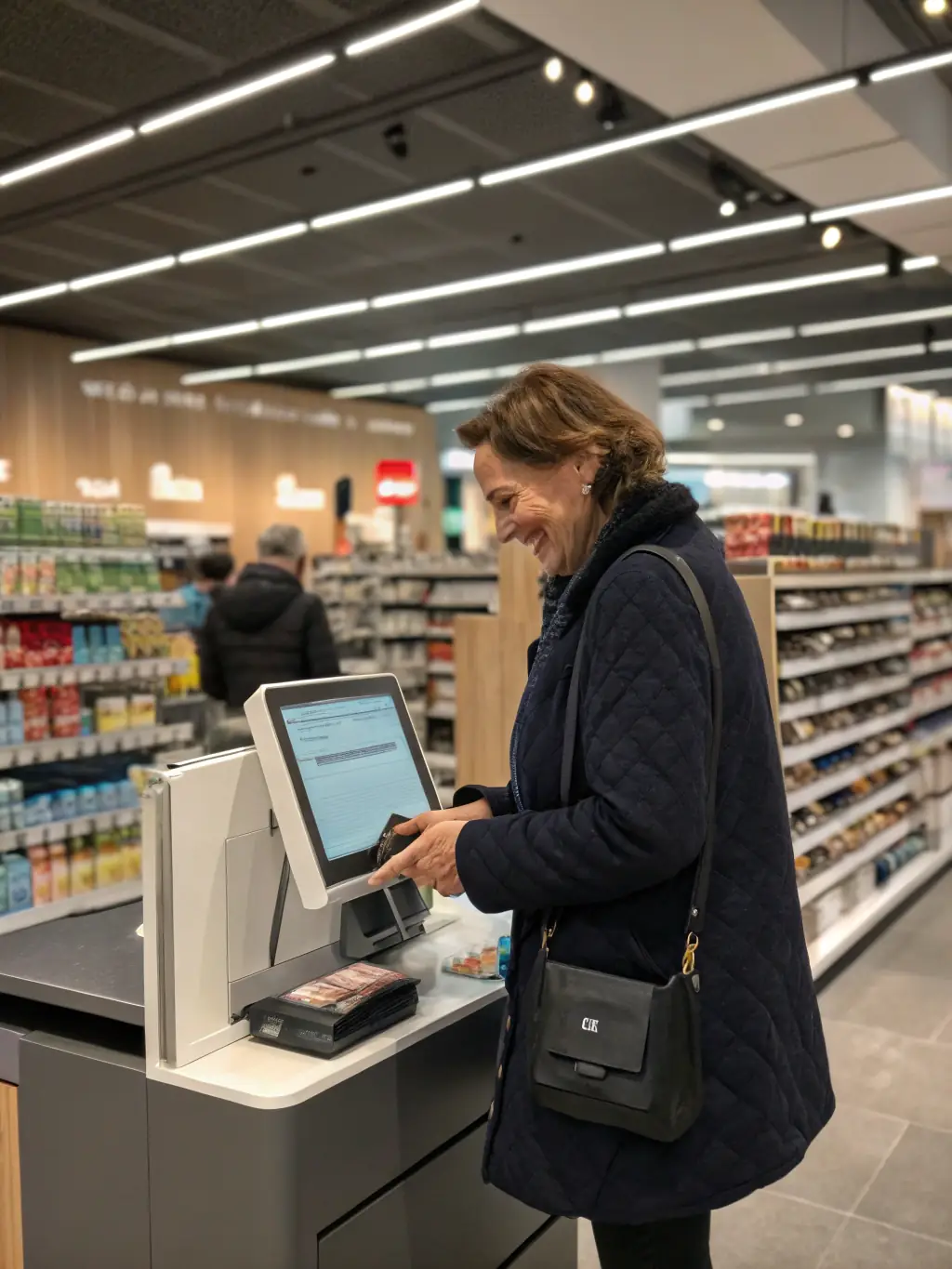 A customer using a self-checkout kiosk with AI-powered facial recognition for personalized recommendations and fraud prevention in a modern retail store.